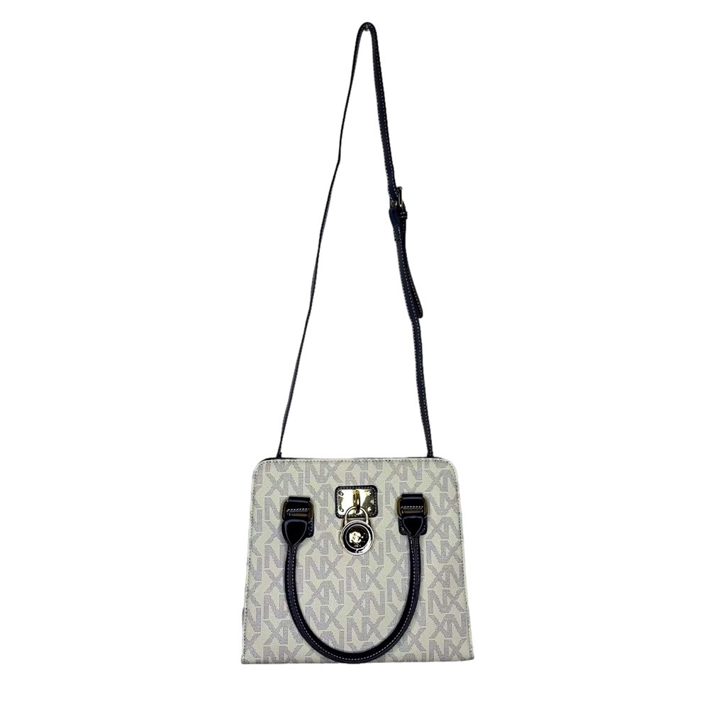 Noble Exchange NX Signature Print Padlock Tote Satchel Handbag blue / white